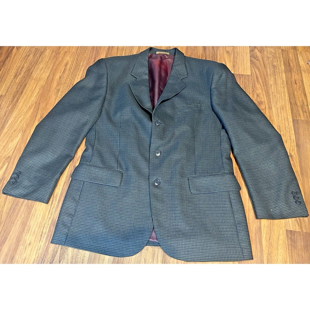 J. Riggins Mens Blazer Blue Grey Houndstooth Wool Blend Sport Coat Large Vintage